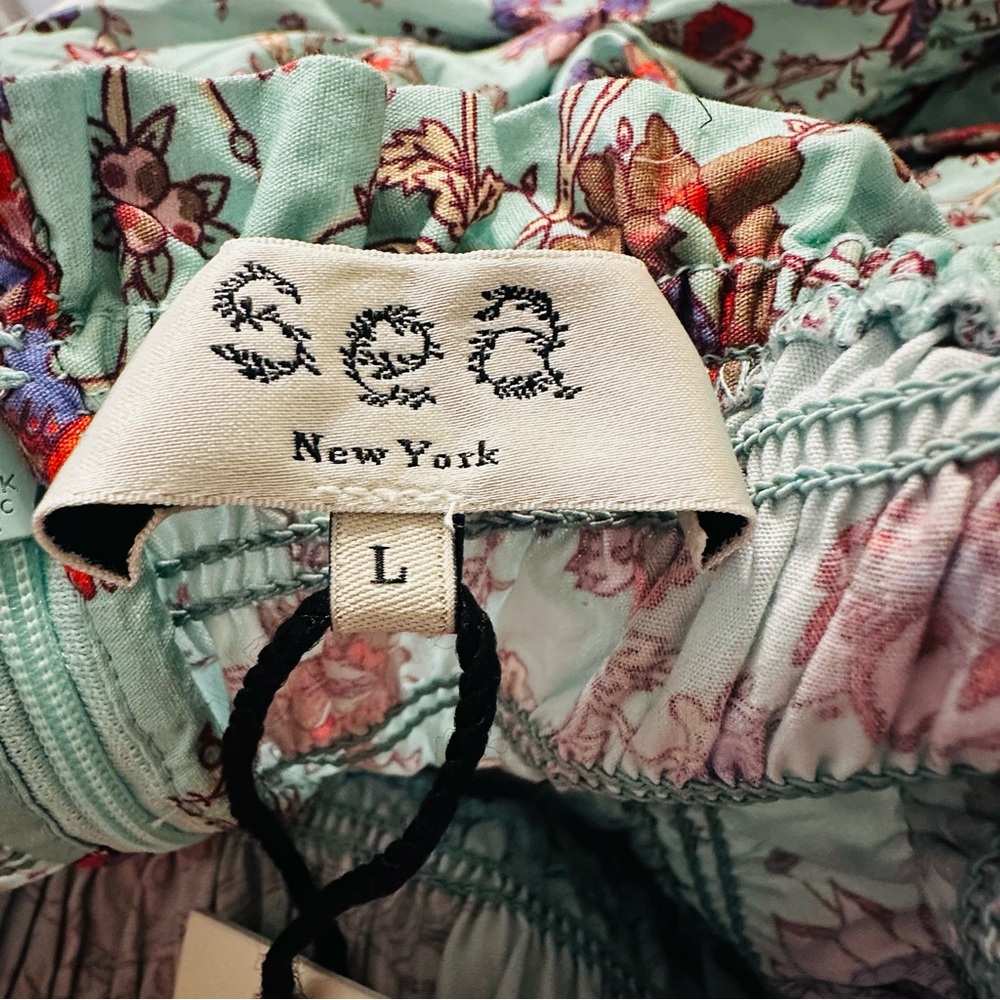 SEA New York NWT Brita Floral Smocked Dress Blue Sz.L Cottagecore Boho Prairie - Picture 9 of 12